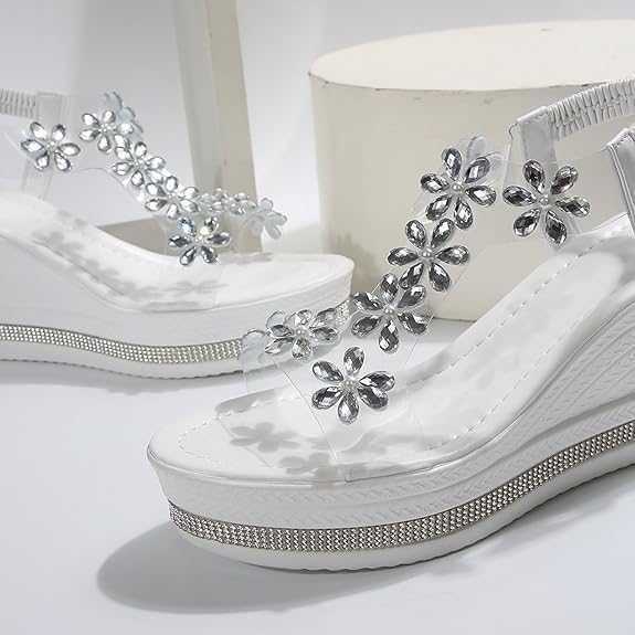 Women's Beach Casual Shoes, Women Rhinestone Flower Open Toe Elastic Ankle Strap Wedge Sandals, Summer Comfy Outdoor Plus Size Platform Sandals, for Family, Travel, Meeting, Shopping3