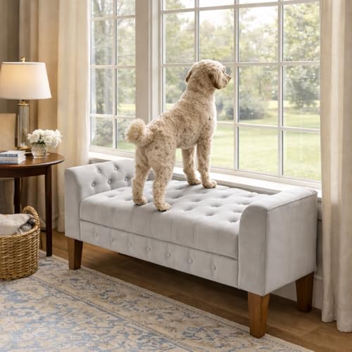 Image of HomePop 50 inch Velvet Tufted Storage Bench Settee - Grey