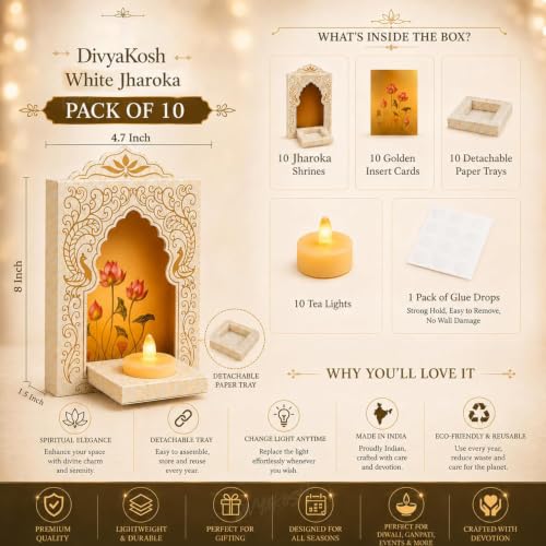 Image of Divyakosh Item for Home Decoration Jharokha Diya Set Jharokha for Wall Decor|Pack of 10 Festive Hanging Tea Light Holders with Golden Inserts & Detachable Tray, Wall Decoration item's for Living room