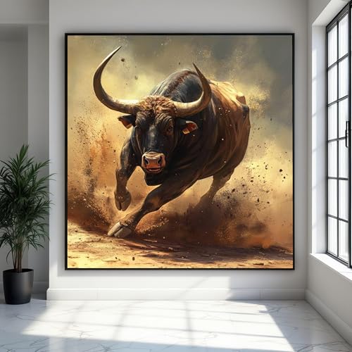 Peinture à l'huile taureau sur toile 60x60cm avec cadre intérieur pour décoration rustique