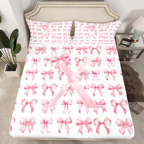 Initial Letter X Fitted Sheet Queen for Kids Teens Bedroom,Trendy Cute Monogrammed Present Bedding Set(No Top Sheet),Pink Bow Bed Sheet,Kawaii Bow Tie Bed Cover,2 Pillowcases