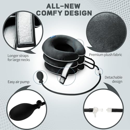 Image of Cervical Neck Traction Device for Neck Pain Relief - Inflatable Neck Stretcher Collar for Decompression - Best Home Use Neck Brace Pump (Black Plush)