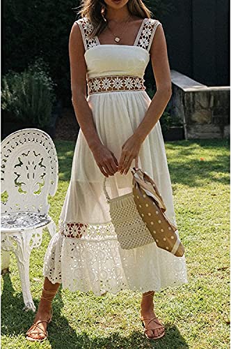 Jastie Summer Boho Lace Slip Women Long Dress Square Neck Knitted Flower Maxi Dress Elegant Retro Chic Clothing (White, Small) #TOP3