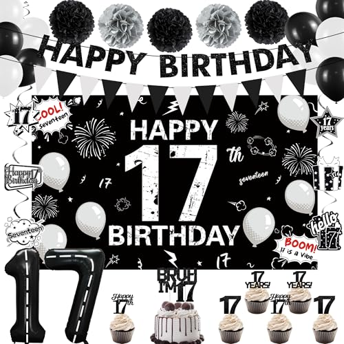 Image of Holkcog 17th Birthday Decorations for Boys Girls, Black 17th Birthday Decorations Supplies, 17 Number Ballons Gifts, Black Glitter Bruh I'm 17 Cake Topper Cupcake, Bro I'm 17 Party Backdrop Banner