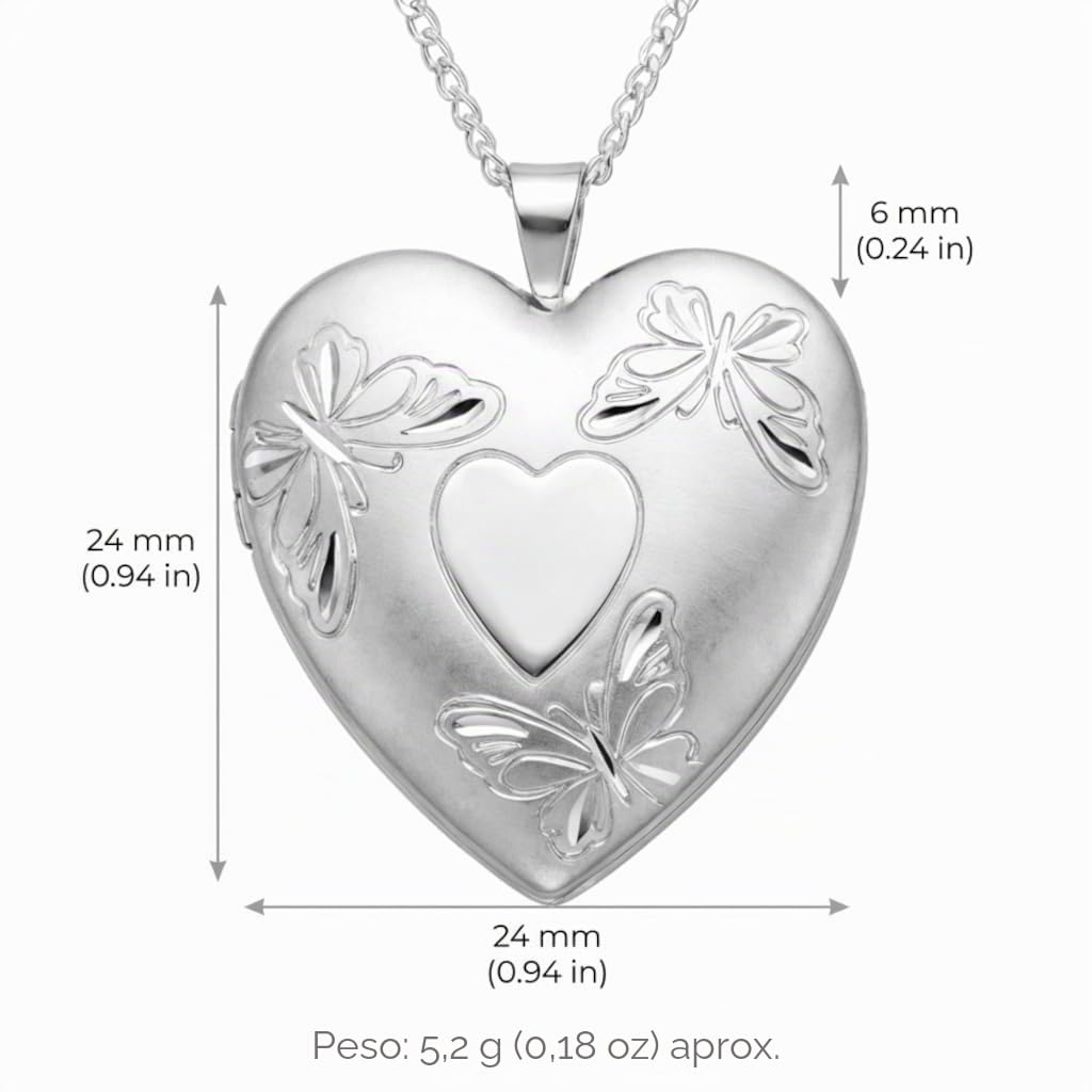 Camafeo familiar de plata de ley con mariposa, cadena de 45,7 cm de plata, ventanas para 4 fotos