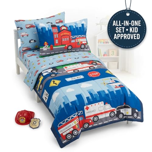 Image of EVERYDAY KIDS 4 Piece Toddler Bedding Set -Fire and Police Rescue- Includes Comforter, Flat Sheet, Fitted Sheet and Reversible Pillowcase