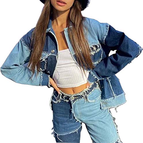Women Patch Color Block Trucker Denim Jacket Raw Hem Boyfriend Jean Jacket Coat (Blue, Small)