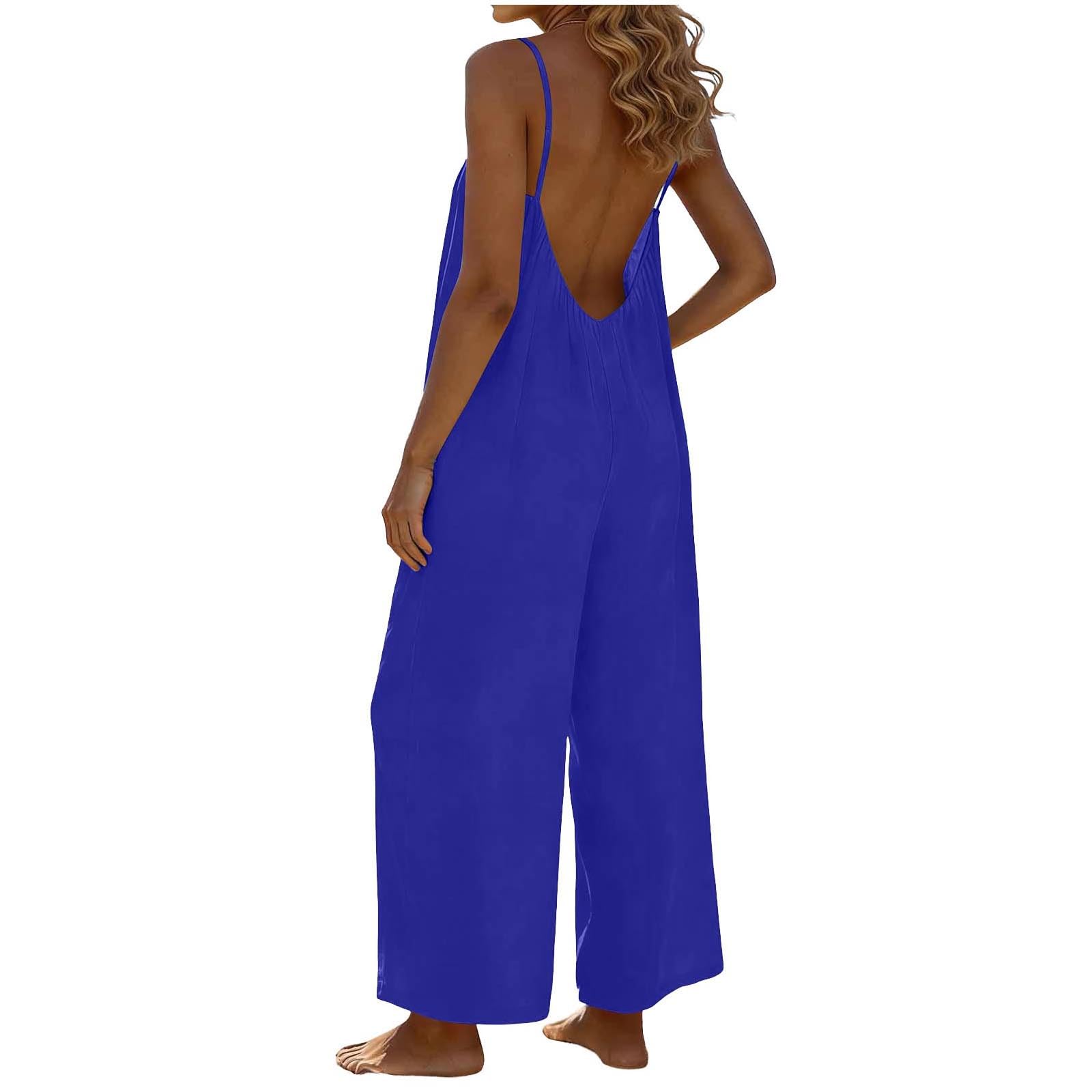 RLEHJN Jumpsuit Damen Sommer,Ärmellos Overall Lang Casual Hosenanzug Sexy V-Ausschnitt Spaghettiträger Romper Loose Fit Playsuit Elegant Einteiler Weites Bein Latzhose Freizeithose mit Taschen