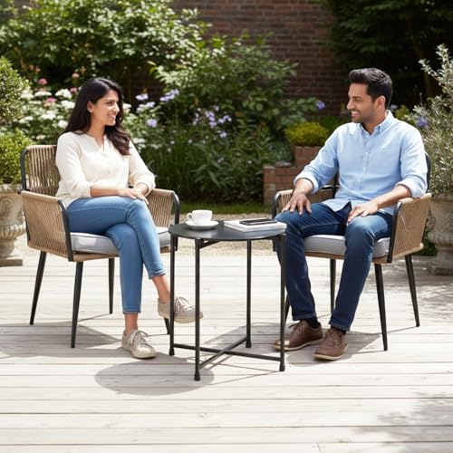 Image of DEVOKO Outdoor Rope Patio 3 Piece Chair Table Bistro Set with All Weather Cushioned Furniture for Garden, Pool, Lawn, Deck, Porch (Beige & Grey)