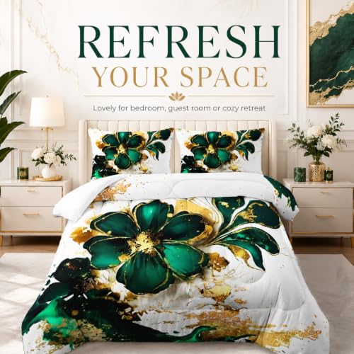 Image of AILONEN Marble Bedding Set Twin Size,Gold Green Floral Comforter Set,Marble Comforter Sets for Kids Girls,Luxury Lightweight Duvet Set 3 Pieces,1 Quilt and 2 Pillowcases