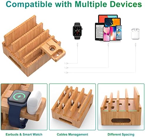 Pezin & Hulin Pezin & Hulin Bamboo Charging Stations for Multiple Devices, Upgrade Desk Docking Station Organizer for Cell Phones, Tablet, Smart Watch & Earpods Stand