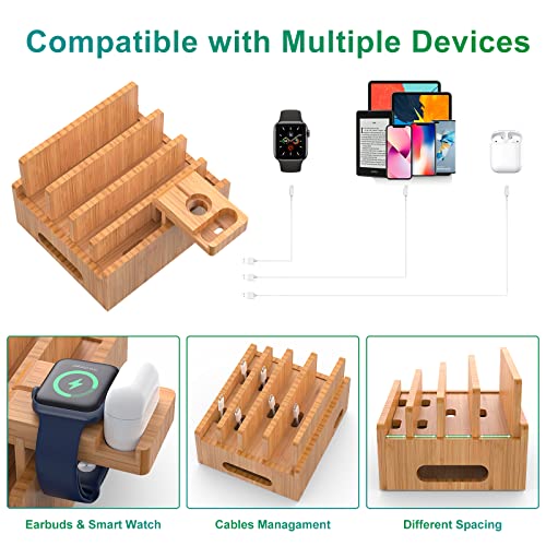 Bamboo Charging Station For Multiple Devices With 5 Port Usb Charger, 6 Cables And Smart Watch & Earbuds Stand. Pezin & Hulin Desk Docking Stations Electronic Organizer For Cell Phone, Tablet #TOP4