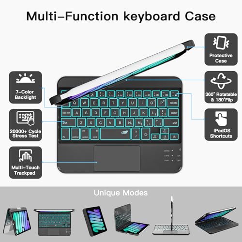Image of RAYMCRAFT Keyboard Case for iPad mini 7 /6 8.3-inch, Trackpad, 360 Rotating | 360 Rotating Keyboard Case for mini 7(A17 Pro) 2024 & 6 (2021) 8.3 inch, 7 Color Backlit, Black, Perfect for Travel, Study, Work