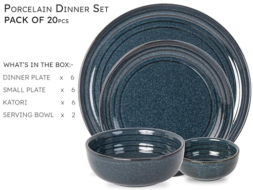 Image of Bodhi House Handcrafted Chip Resistance Porcelain Dinner Set, 20 Pieces Dish Set Serving for 6, Microwave and Dishwasher Safe, Bone-ash Free, Crockery Set for Dining and Gifting, Sapphire Blue