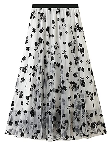Maeau - Gonna Lunga in Tulle Donna Gonna a Vita Alta Gonne Floreale Elegante Gonna A-Line Vintage Casual - Bianco