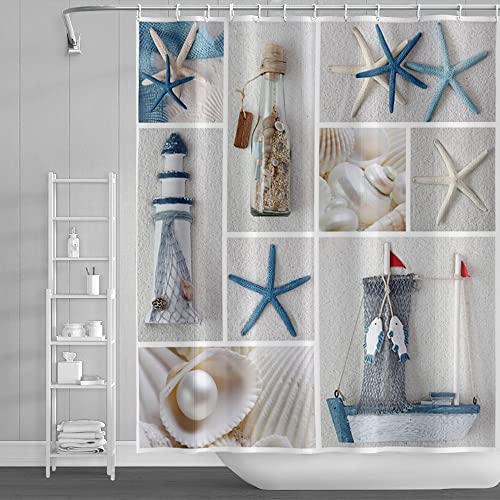 SDOTPMT Ozean Strand Duschvorhang Nautisch Thema Marine Seestern Muscheln Badevorhang Meer Welt Driften Flasche Splicing Badewannenvorhang für Badezimmer Polyester 90x183cm mit Haken