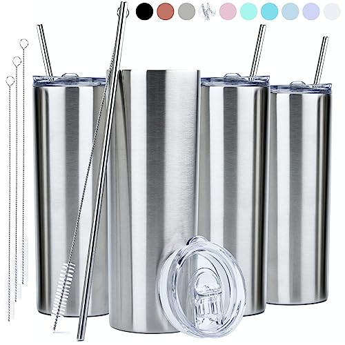 Bloqueadores Y Bronceadores, Sports STRATA CUPS - Vaso delgado plateado con tapa y popote (4 unidades) - Vaso delgado de acero inoxidable aislado de doble pared de 20 onzas con limpiador de...