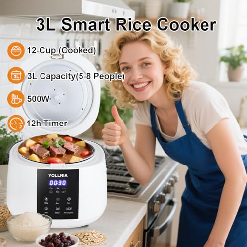 Yollnia 3L Rice Cooker 12 cups (Cooked), Mini Digital Rice Cooker,12 in 1 Multicooker for Grain, Preset and Reheat Options, 12-Hr Delay Timer, Auto Keep Warm, Non-Stick Inner Pot with Steaming Basket