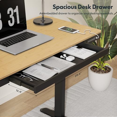 FLEXISPOT Comhar Electric Standing Desk with Drawer Desktop & Adjustable Frame w/USB Charge Ports (Bamboo Texture/Black, Wood)