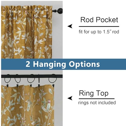 Image of Chyhomenyc Light Filtering 84 Inch Window Curtains - Linen Blend Floral Printed Curtains Drapes for Living Room, Soft Farmhouse Curtain for Bedroom, 52Wx84L Inch, 2 Panels, Gold
