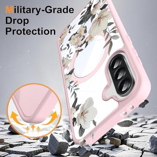 Image of VONZEE Compatible with Samsung Galaxy A36 5G Case Luxury Retro Flowers Floral Clear for Magnetic Wireless Charging Case Shockproof Case PC+TPU Cute Glossy Shiny Cover for Girls Women, Pink