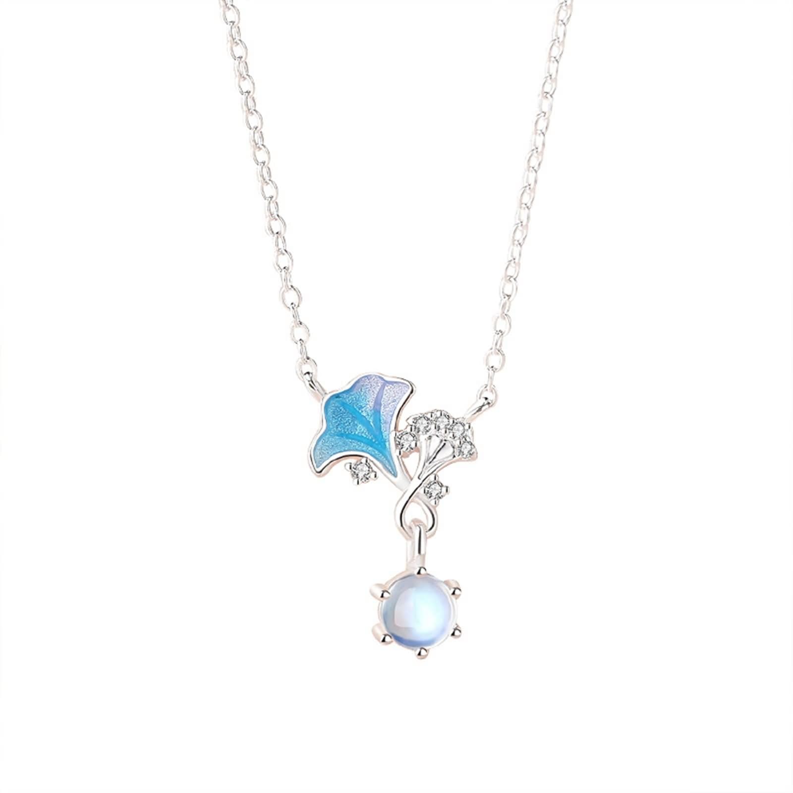 Donna Ciondoli Collana Oro Bianco 9K / 14K / 18K 750, Smalto Ginkgo con Pietra di Luna e Moissanite, Collane da Donna in Argento
