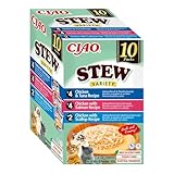 INABA Ciao Stew Gatos - Receta Saludable de Estofado Cremoso con Pollo, Atún, Salmón y Vieira - Comida Húmeda con Tiras de Pollo - Alimento Natural sin Cereales - 400g (10 Sobres x 40g)