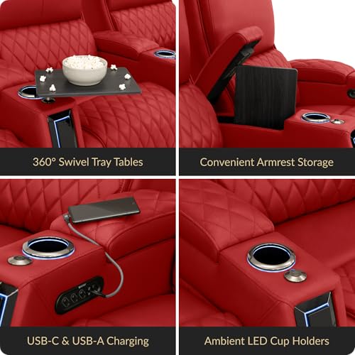 Image of Seatcraft Apex Red Italian Leather Home Theater Seating, Zero Gravity Power Recliner Chair, Powered Headrest and Lumbar Gaming and Lounge Sofa Furniture for Cinema Room, Row of 3 Right Loveseats