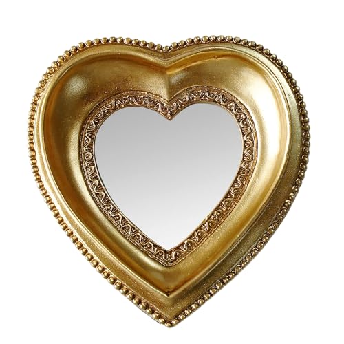PYOAGT Golden Mini Vintage Mirror with Exquisite Relief Elegant Wall Decor for Bedroom Dresser Table Compact Resin Retro Design (Heart 4.3X4.3)