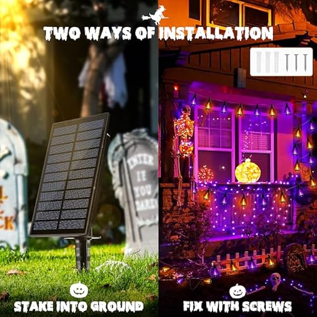 iBaycon Solar Halloween Lights, 27Ft 10 LED Bulbs Flickering Flame String Light, Outdoor Waterproof Solar Flame Lights for Garden Yard Patio Halloween Decorations (Warm White + Purple)