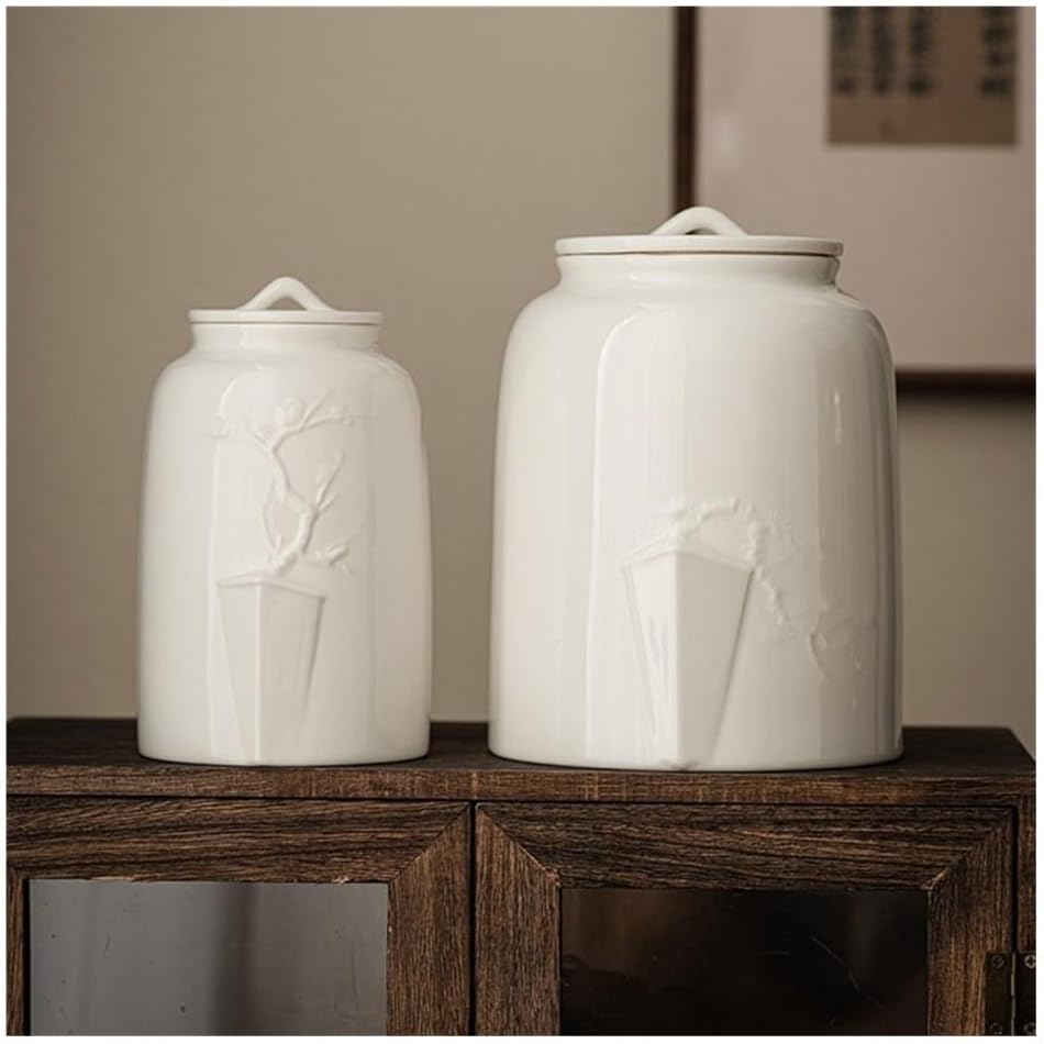 Tea Container White Porcelain Embossed Plum Blossom Tea Canister Household Large Sealing Jar Ceramic Decorative Ornaments(Large)
