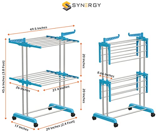Image of Synergy - Premium Heavy Duty Stainless Steel Clothes Drying Stand | Cloth Dryer Stand | Cloth Stand for Drying Clothes Foldable | Cloth Hanging Stand | Cloth Drying Stand (2-Tier) Blue - SY-CS19-L2