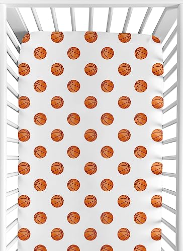 Image of Sweet Jojo Designs Fitted Baby Crib Sheets (Basketball) for Boys or Girls, Infant Nursery, Toddler Room - Standard Size (Orange & White Sports Balls for the Watercolor, Vintage Sport Theme Collection)