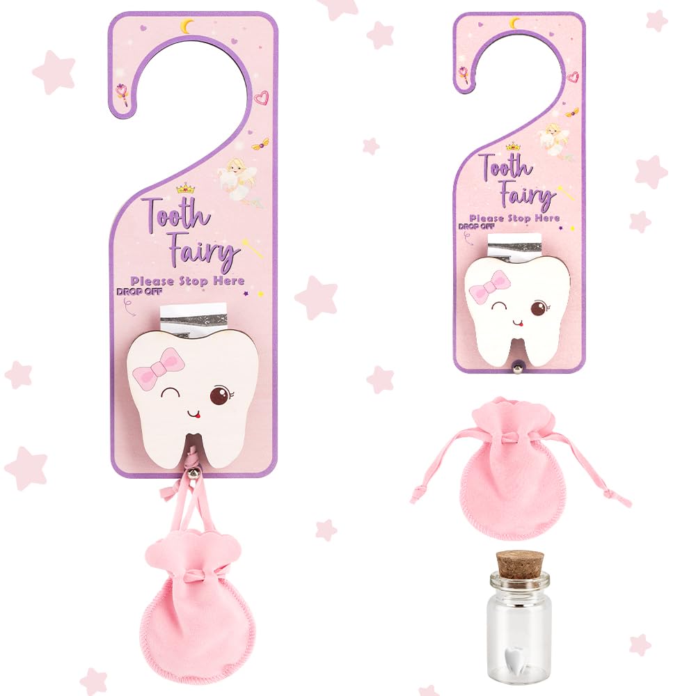 FIDWALL Tooth Fairy Door Hanger,3Piece Set including Tooth Holder and Velvet Bag,Keepsake Bottle for Lost Teeth,Encouraging Gift for Boys and Girls (Tooth Fairy)