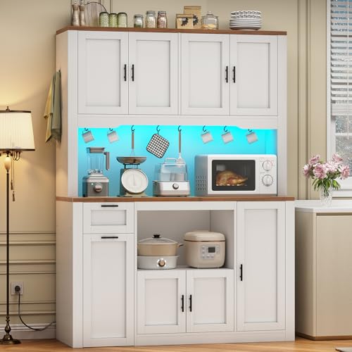 Image of Itaar 71 inch Pantry Cabinet with Charging Station and LED Light, Kitchen Pantry Cabinet with Microwave Stand, 47.2 inch Wide Kitchen Storage Cabinets with Storage Cart 3 Tier for Dining Room, White