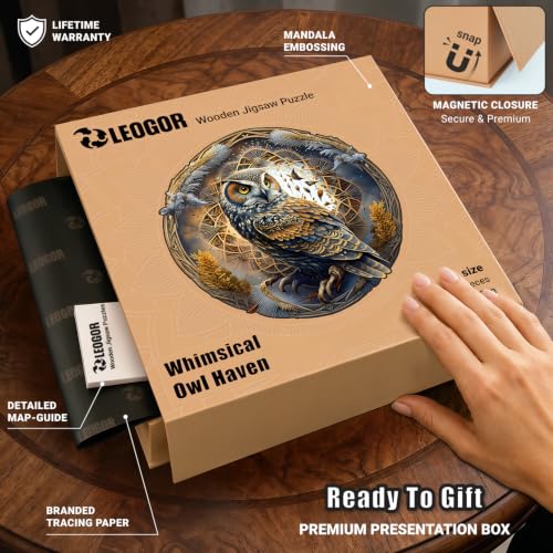 LEOGOR Whimsical Owl Haven Wooden Jigsaw Puzzle 200 Pieces 12 x 11.8 in Vivid Bird Mandala Artwork Thick Natural Wood Animal Shapes Challenging Adult Gift Family Decor Screen-Free Mindfulness - Image 4