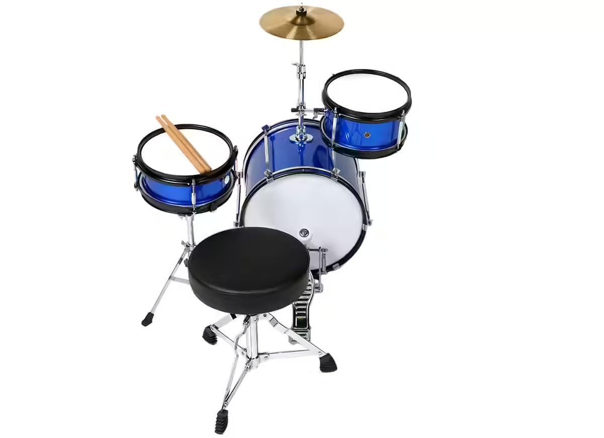 WOODBRASS DSJ90B - Batería infantil completa de 3 años, mini kit de batería acústica junior con asiento, pedal, platillo, 8 pulgadas, Tom y caja clara, batería infantil principiante, color azul