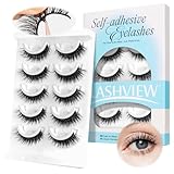 LASHVIEW Pre Glued Eyelashes 5 Pairs Reusable Self Adhesive Eyelashes Cat Eye Wispy Stick on Lashes Natural Look False Lashes with Replacement Adhesive Strips (CV122)