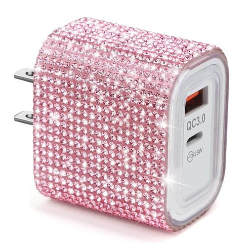 Image of Aolcev for iPhone Charger Fast Charging Bling 2 in 1 USB C Charger Block | Type C Fast Charging Blocks 25W Bling USB A USB C Adapter for iPhone 17 16 15 14 13 iPad Galaxy S26 S25 Rhinestones Pink
