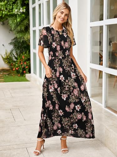 Image of Simplee Womens Casual Floral Summer Maxi Dress 2026 Boho Flowy Short Sleeve Crew Neck Vacation Smocked Chiffon Dresses