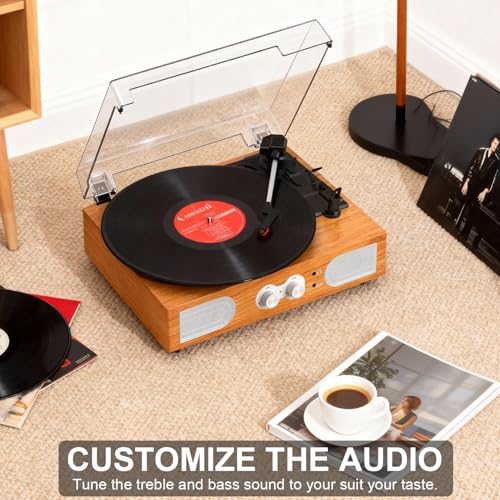Image of Vinyl Record Player with Built-in Speakers 3-Speed Vintage Record Player Support Treble& Bass Control, 3.5mm Headphone Jack, RCA-Out /Aux in, Belt-Driven LP Turntable,Natural Wood