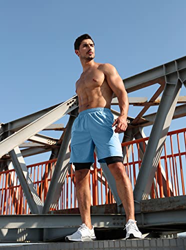 Image of Pudolla Men's 2 in 1 Running Shorts 5 inch Quick Dry Gym Athletic Workout Shorts for Men with Phone Pockets