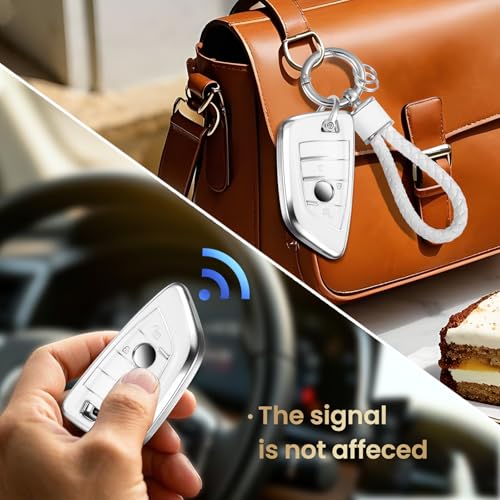 Image of Car Key Fob Cover, White Braided Loop Keychain Case, Silver Edge