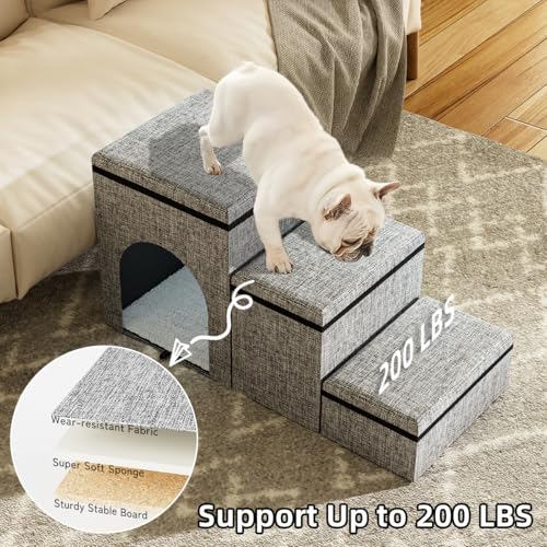 Dog Stairs with Storage, 3-Step Wider Dog Steps with Condo for Dogs and Cats, Pet Stairs for High Bed Climbing, Grey - Image 5
