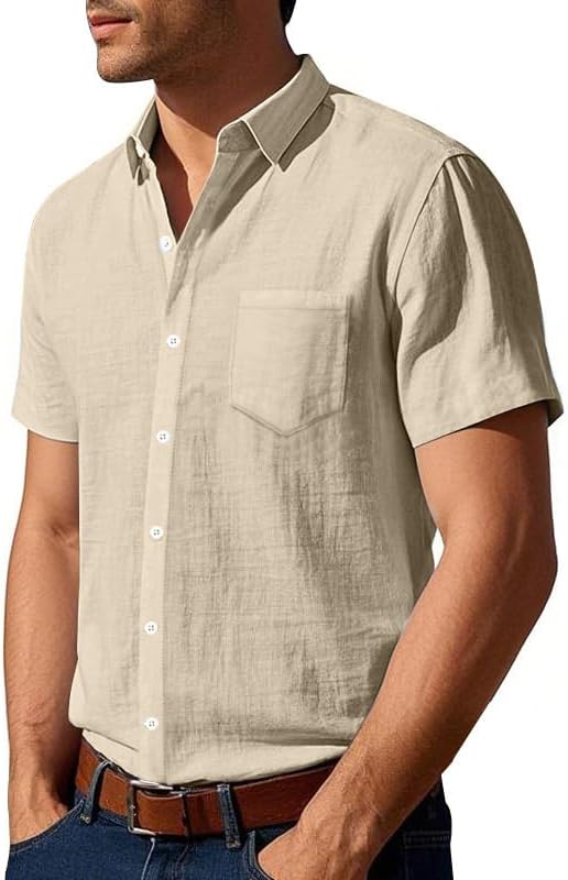 Men's Linen Shirt - Short Sleeve Button Down Collar Solid Casual Shirts with Pocket for Vacation Business
