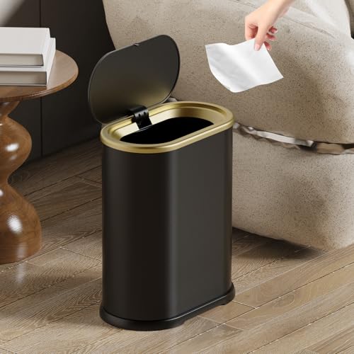 Image of KSSKSS 1.8 Gallons Small White Bathroom Trash Can with Lid, Slim Bathroom Garbage Bin, Dog Proof Trash Can with Pop-Up Lid for Bedroom,Toile, Black