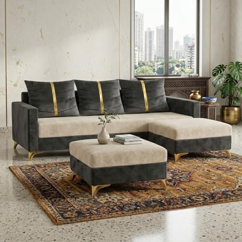 Image of Caviar 5 Seater L Shape Sofa Set with 2 Movable Ottomans | Flexible Layout | Luxury Velvet Suede Fabric | Modern Living Room Sofa | Dark Grey-Cream