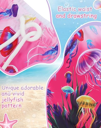 Image of AMYNICE Girls Beach Board Short with Liner Quick Dry Active Jellyfish Print | Swimming Trunks Swimsuit with Pockets Drawstring Surfing, Beach, Vacation and Holiday for Toddler Baby girl