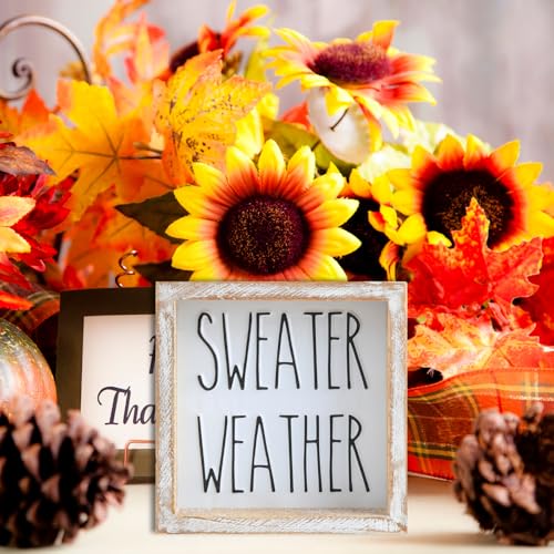 Image of Embossed Sweater Weather Sign, Rustic Fall Decorations for Home, Fall Centerpieces for Table Cubicle Desk Mantel Fireplace, Autumn Tiered Tray Decor