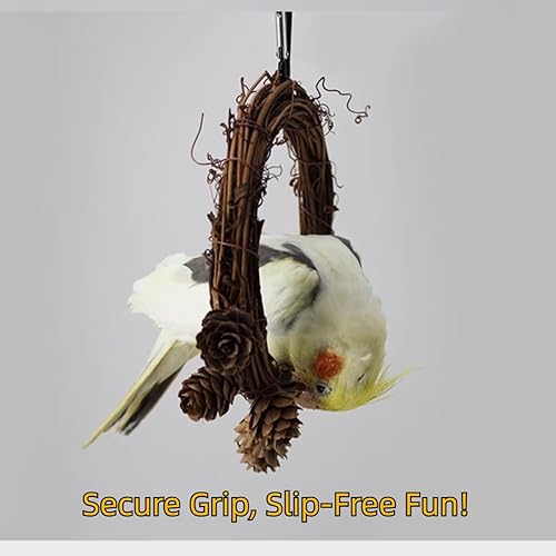 Miniatura 2 de MANON ROSA Juguetes para escalar con columpio de pájaros, soporte redondo de madera natural con decoración de cono de pino para periqueros cuáqueros